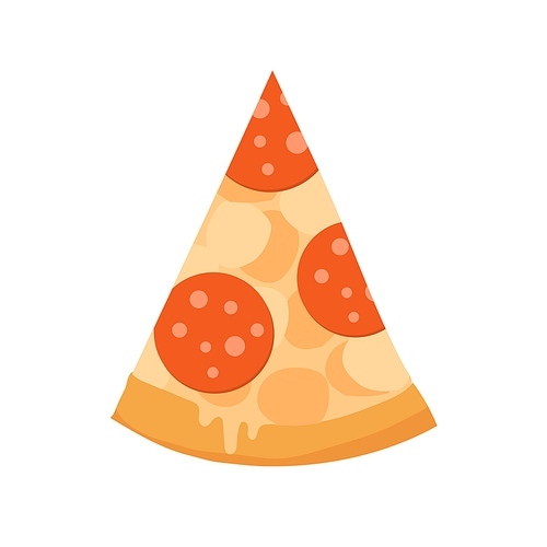 Pizza slice with crust and salami sausages. Triangle piece of Italian fast food. Fastfood with pepperoni and mozzarella cheese, top view. Flat cartoon vector illustration isolated on white .