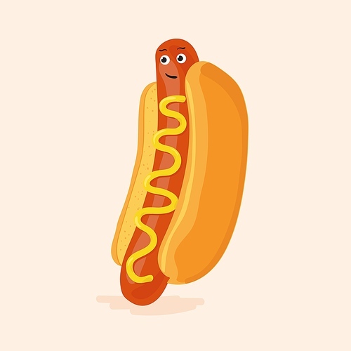 Funny hot dog with sausage between long buns. Cute hotdog with mustard and face on frankfurter. Appetizing fast food character with eyes and brows. Isolated colored flat cartoon vector illustration.