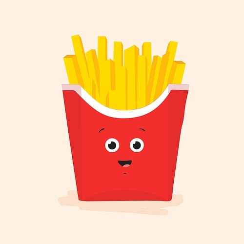 French fries in box with cute funny face. Fried potato sticks in pack with eyes and mouth. Happy chips character smiling. Colored flat cartoon vector illustration of adorable comic fast food.