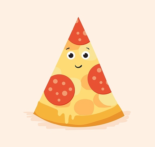 Cute pizza slice with funny face, eyes and mouth. Triangle piece of Italian fast food character with melting cheese and pepperoni. Colored flat cartoon vector illustration of fastfood with salami.