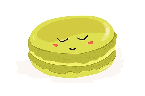 Sweet cute macaroon with funny face sleeping. French macaron dessert. Almond pastry with cream filling. Sugar food with pistachio flavor. Flat cartoon vector illustration isolated on white .