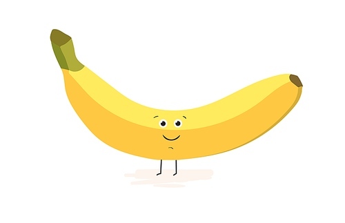 Cute banana with happy funny face. Tropical fruit with eyes smiling and standing on legs. Adorable sweet food character. Colored flat vector illustration isolated on white .