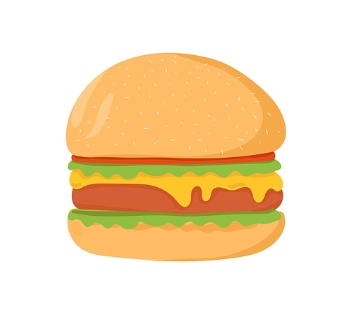 Big burger with meet, melting cheese and lettuce between buns. Hamburger, American fast food. Cheeseburger with cutlet, salad and sauces. Flat cartoon vector illustration isolated on white .