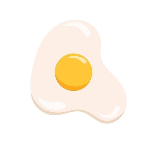 Fried egg with yellow yolk and shaped albumen. Food icon. Top view of cooked breakfast dish. Colored flat cartoon vector illustration isolated on white .