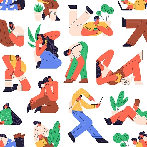 Seamless pattern of young modern people resting and relaxing. Men and women with coffee, plants, phones in relaxation at home. Endless background. Colored flat graphic vector illustration for printing.