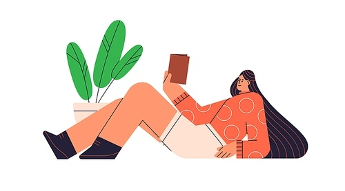 Woman reading book. Happy ebook user and reader relaxing and enjoying fiction literature at leisure. Female with digital gadget during relaxation. Flat vector illustration isolated on white .