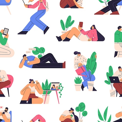Seamless pattern with young happy people use gadgets and relaxing. Repeating background with devices, laptop computers, mobile phones and tablets users. Colored flat vector illustration for printing.