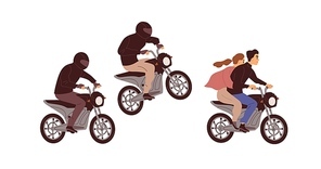 People riding motorcycles. Bikers in helmets chasing couple on motorbike at fast speed. Motorcyclists on bikes pursue man and woman. Colored flat vector illustration isolated on white .