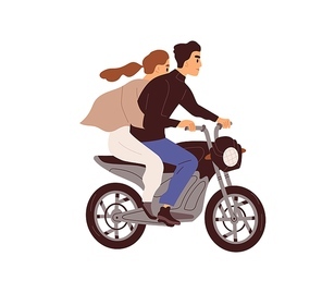 Love couple riding motorcycle. Man and woman travel by motorbike together. Biker and female rushing on bike, driving fast, side view. Flat vector illustration isolated on white .