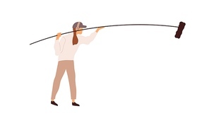 Boom operator holding long pole with microphone. Sound assistant with mic on handle at movie production. Professional audio recordist at work. Flat vector illustration isolated on white .