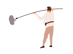 Boom operator with microphone on pole. Movie recordist holding fluffy mic, recording audio. Sound assistant with professional equipment at work. Flat vector illustration isolated on white .