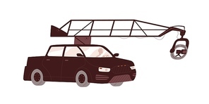 Car with camera attached to arm of crane-fly system. Auto with video recording equipment. Movie shooting on vehicle. Filmmaking technology. Flat vector illustration isolated on white .