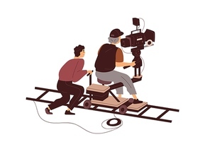 Cameraman and camera on sliders of tracking dolly system. Professional operator and assistant on rails with moving cart during movie shooting. Flat vector illustration isolated on white .