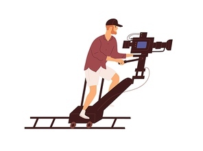 Cameraman shooting on tracking dolly system for zooming. Video operator and camera moving on rails during film-making. Film production technology. Flat vector illustration isolated on white .