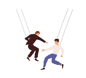 Actors suspended in air playing fight scene. Stunt men hanging on ropes performing tricks. Backstage of stuntmen during movie production. Flat vector illustration isolated on white .