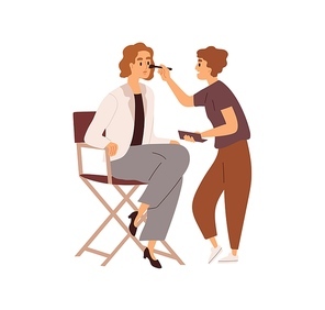 Makeup artist preparing face skin of actress with brush before shooting. Work of make-up master applying powder during preparation for filming. Flat vector illustration isolated on white .