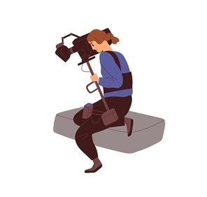 Woman cameraman shooting movie with professional camera on monopod. Video operator at work. Film-making backstage. Flat vector illustration of filmmaking process isolated on white .