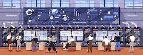 Big data control and analytics center. Information security engineers work with databases and cybersecurity at computers in datacenter. People and digital equipment. Colored flat vector illustration.