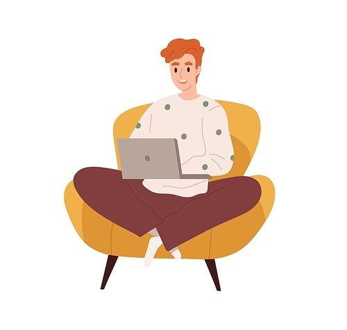 Happy person with laptop computer, sitting in armchair. Freelance worker at online remote work. Freelancer working through internet at home. Flat vector illustration isolated on white .