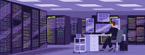 Sysadmin at computer in server room with storage equipment, hardware racks, network devices. Maintenance and administration of digital database security in data center. Flat vector illustration.