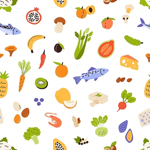 Healthy vitamin food pattern. Seamless background with groceries. Endless repeating texture design with fresh vegetables, fruits, fish. Colored flat vector illustration for printing and decoration.