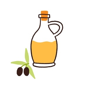 Olive oil in glass jug and Italian fruit with leaf composition. Spanish fat vegetable extract in corked pitcher in doodle style. Food from Greece. Flat vector illustration isolated on white .