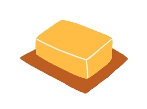 Whole butter block on wood board. Buttery food bar. Fat margarine, creamy dairy product drawn in doodle style. Flat vector illustration isolated on white .