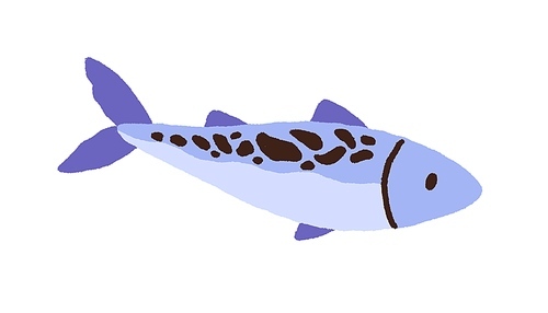 Raw fish with spots. Side view of whole tuna, sea food. Fresh trout, seafood in doodle style. Colored flat vector illustration of salmon isolated on white .
