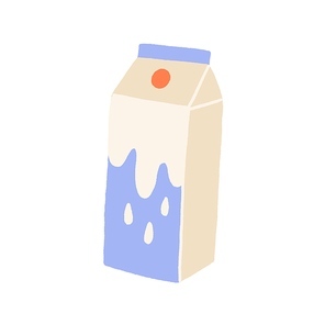 Milk in carton pack. Pasteurized dairy product in abstract cardboard package. Fresh cream in paper box. Colored flat vector illustration isolated on white background.