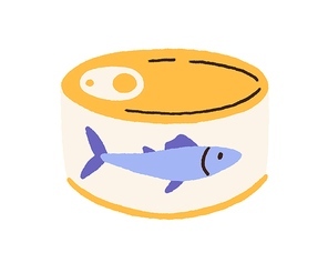 Canned fish. Pack of tinned tuna, conserved sea food. Seafood preserved in metal container. Product in round jar with closed lid. Colored flat vector illustration isolated on white .