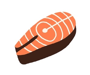 Salmon steak. Fillet piece of red fish. Fresh raw trout, seafood icon drawn in doodle style. Colored flat vector illustration of sea food isolated on white .