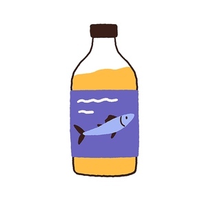 Fish oil in glass bottle. Fatty liquid of cod-liver extract, omega-3 supplement. Organic vitamin essential in package. Flat vector illustration of natural antioxidant isolated on white background.