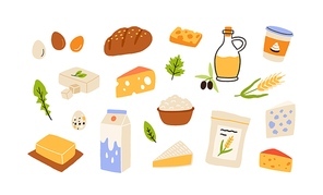 Healthy food set. Bread, flour, dairy products, olive oil and butter collection. Milk, cheese, curds, egg and sour cream. Colored flat vector illustration of groceries isolated on white .