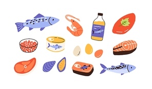 Healthy food set with seafood, fish, meat, eggs. Grocery collection with caviar, salmon, codfish, mussels, shrimp, sprats and steaks. Flat vector illustration of nutrition isolated on white .