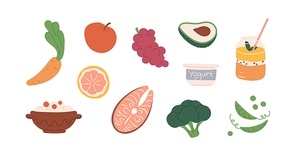 Set of healthy organic food with fruits, vegetables, porridge and drink. Colored icons of avocado, smoothie, broccoli, carrot, grapes and salmon. Flat vector illustration isolated on white .