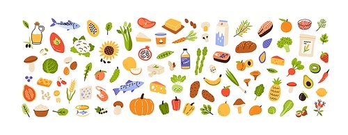 Healthy food set. Vegetables, fruits, milk, mushrooms and fish collection. Natural organic nutrition. Fresh vitamin grocery products. Colored flat vector illustration isolated on white .