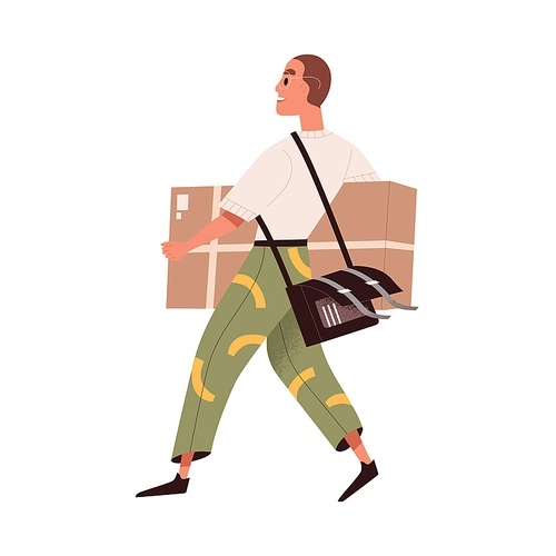 Happy buyer walking with purchase in hands. Man courier carrying big cardboard box. Modern postman from delivery service holding large parcel. Flat vector illustration isolated on white .