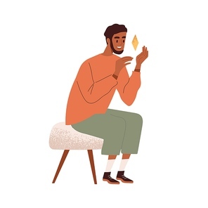 Person finding creative idea, brilliant solution and answer. Insight and inspiration concept. Happy inspired man discovering and inventing smth. Flat vector illustration isolated on white .