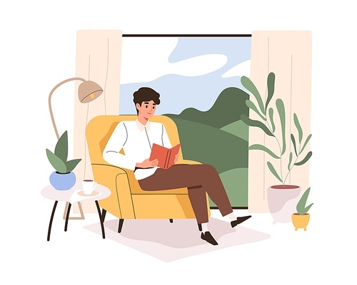 Person reading book, sitting in armchair by window in living room. Man in chair at home with literature and coffee cup. Businessman reader. Flat vector illustration isolated on white .