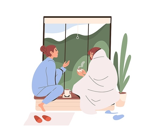 Women friends rest by window at cozy home, talking and drinking coffee. Couple of girlfriends in pajamas and blanket relax with cups and chatting. Flat vector illustration isolated on white .