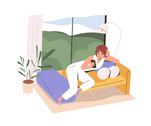 Person use mobile phone, surfing social media at home. Woman resting with smartphone on sofa. Female using internet, relaxing with cellphone. Flat vector illustration isolated on white .