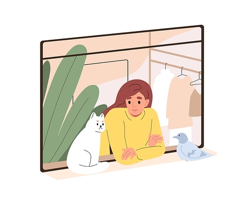 Person and cute cat looking out of open window, staying home. Woman and kitty indoors, dove on windowsill outside apartment. Kitten and pigeon. Flat vector illustration isolated on white .