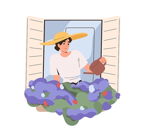 Woman watering potted flowers on windowsill outside open window. Person care about houseplant in flowerpot. Female and home garden with floral plants. Flat vector illustration isolated on white.
