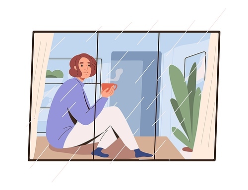 Woman looking at rain outside window. Person sitting with coffee cup on windowsill on rainy weather. Pensive female with tea mug resting at home. Flat vector illustration isolated on white .