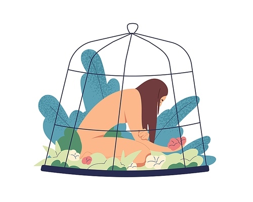 Woman locked in cage. Psychology concept of mental health and recovery from depression. Person inside self, her inner world. Naked female in birdcage. Flat vector illustration isolated on white.