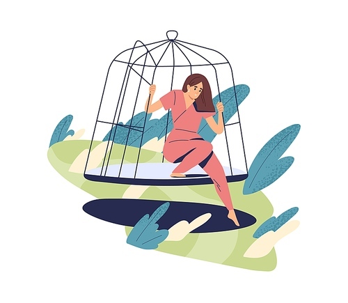 Person open cage, overcome fear and doubt, escape comfort zone. Psychological concept of freedom and risk. Woman become free, get rid of phobia. Flat vector illustration isolated on white .