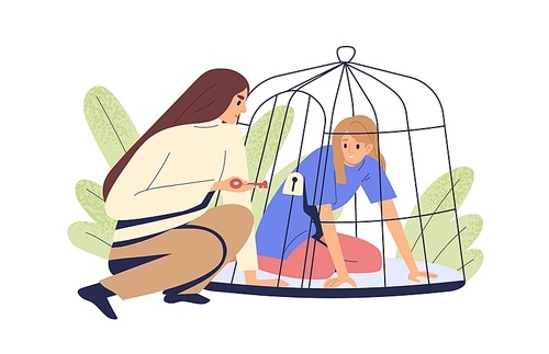 Psychological violence, abuse and oppression concept. Helpless person slave locked in cage by abuser. Woman under total control and dependence. Flat vector illustration isolated on white .
