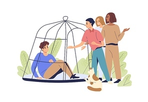 Person with depression and fear. Friends open cage and help victim to become free from mental problem, rescue depressed man. Psychology concept. Flat vector illustration isolated on white .