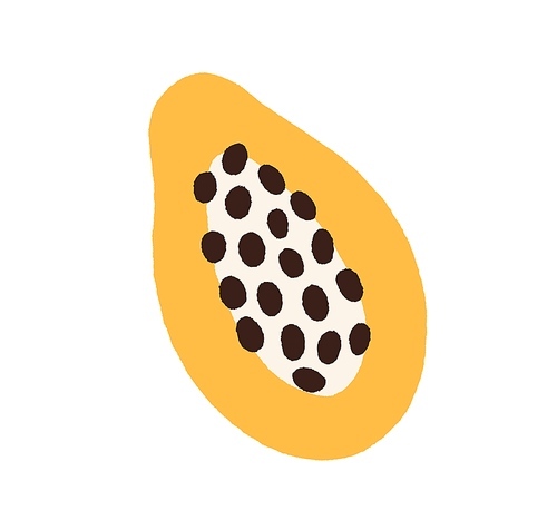 Papaya half with seeds. Cut piece of tropical fruit. Icon of exotic pawpaw drawn in doodle style. Papaw cross section, top view. Flat vector illustration isolated on white .