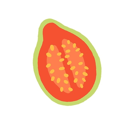 Guava half with pink pulp and skin. Cut piece of exotic fruit, top view. Icon of tropical guajava drawn in doodle style. Fresh vitamin food. Flat vector illustration isolated on white .